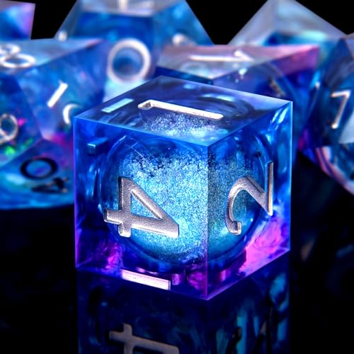 AUSTOR Liquid Core Resin DND Dice Sharp Edge Polyhedral Dice 7-Die DND Dice Set Quicksand Handmade Resin Dice for Dungeons and Dragons RPG MTG Table Games, Blue & Violet - Blue & Violet