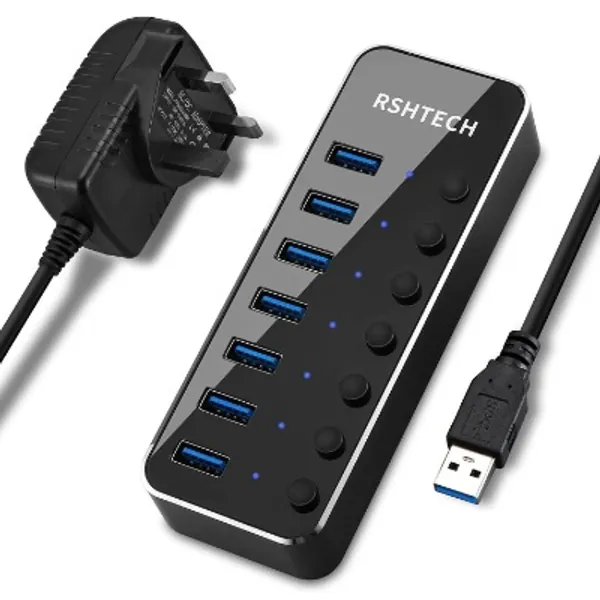 USB Hub Powered RSHTECH 7 Port USB 3.0 Data Hub Aluminum USB Extension Splitter with Individual On/Off Switch Universal AC to DC 5V Power Adapter (RSH-518)