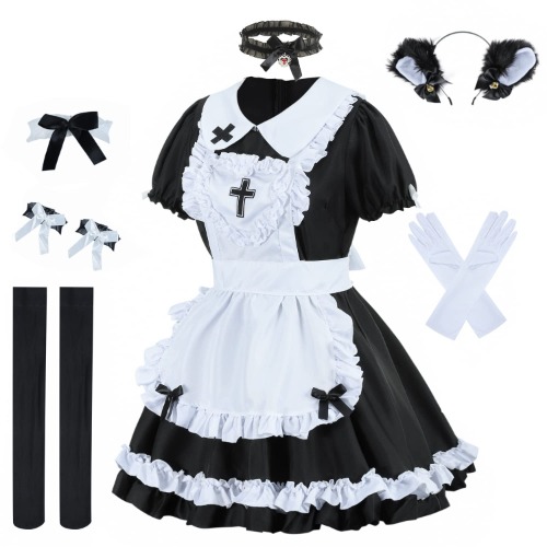 bellebuy Maid Outfit Crucifix Lace Furry Cat Ears Cosplay Halloween Stage Show