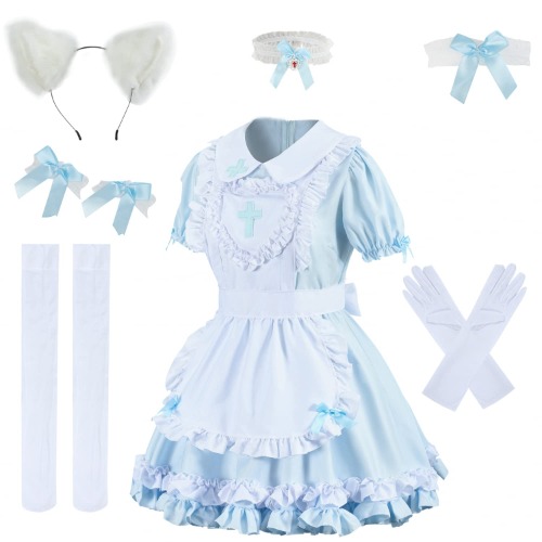 bellebuy Maid Outfit Crucifix Lace Furry Cat Ears Cosplay Halloween Stage Show