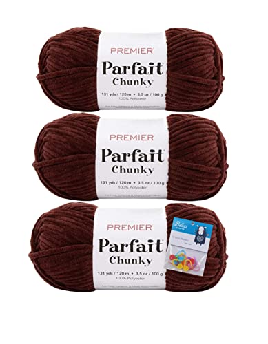 Premier Yarns Parfait Chunky - 3.5 Oz - #6 Super Bulky Weight - 3 Pack Bundle with 10 Bella's Crafts Stitch Markers (Chocolate) - Chocolate