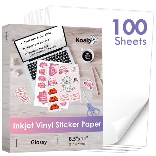 Koala Printable Vinyl Sticker Paper for Inkjet Printers - 100 Sheets Glossy White Waterproof Adhesive Label Paper - 8.5x11 Inch, Tear-Resistant, Removable - 100