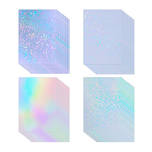 32 Sheets Holographic Sticker Paper Clear Vinyl Self Adhesive Waterproof Rainbow Transparent Overlay Film A4 Size Holographic Overlay with 4 Styles Mixed - Stars,rainbow,sparkle,broken Glass