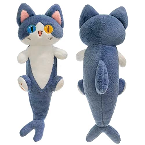 PEDEIECL Lovely Plush Shark Cat Doll Cute Cartoon Soft Stuffed Shark Kitten Pillow Long Throw Sleeping Pillow Doll Toy Gift for Kids Girlfriend (blue, 80cm) - Blue - 80cm