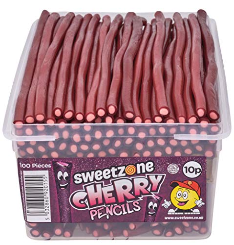 Sweetzone Sweets Tub of Cherry Pencils | 100 Pieces of Retro Sweets | Forever Fans Favourite | 100% Halal Friendly - Cherry - 100 Count (Pack of 1)