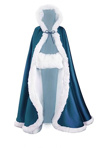 BEAUTELICATE Wedding Hooded Cloak Bridal Cape with Hood Women's Long Faux Fur Poncho Coat Winter Halloween Christmas Cosplay Costume Plus Size with Free Hand Muff - Length:55" - Peacock Blue