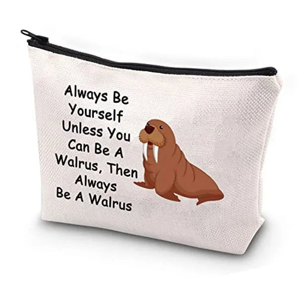 JYTAPP Walrus Gift Walrus Lover Gifts Always Be Yourself Unless You Can Be A Walrus Cosmetic Makeup Bag Ocean Walrus Bag Sea Animal Lover Gifts - beige