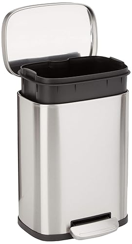 Amazon Basics Smudge Resistant Small Rectangular Trash Can With Soft-Close Foot Pedal, Brushed Stainless Steel, for Bathroom & small space, 5 L /1.32 Gal, Satin Nickel Finish, 7.3x8.5 x11.8 in (LxWxH) - Silver - 1.3 gallon