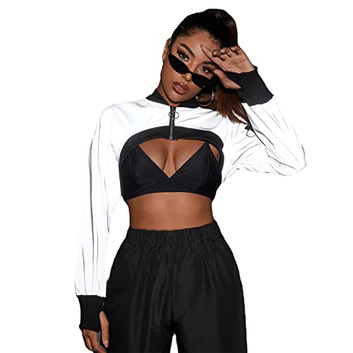 Ypser Reflective Rave Top Crop Top Shrug Techwear Shirt Rave Outfits For Women - Large-X-Large - Silver