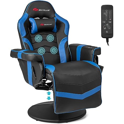 Goplus Gaming Chair, Height Adjustable Massage Video Game Chair with Retractable Footrest, Cup Holder, Headrest, Swivel Office Chair, Racing Style Swivel Gamer Chair (Blue) - Blue - Height Adjustable