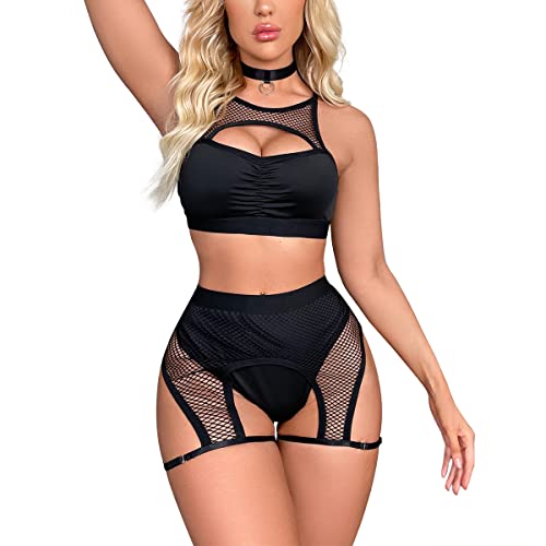 ABAFIP Women Rave Outfits Cutout Fishnet Top Booty Shorts Bottom Choker 3Pcs Babydoll Nightwear Festival Lingerie - X-Large - Black