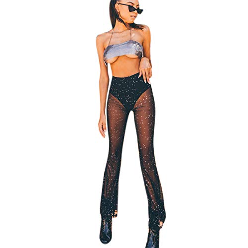 Women Rave Mesh Sheer Pants Flared Bell Bottom Pants for Dance Festival Clubwear - X-Large Black
