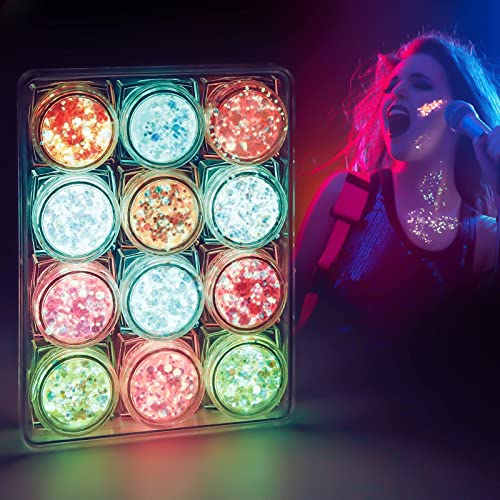 Glow in The Dark Body Face Glitter Gel, 12 Colors & Shapes Glitter Eyeshadow Makeup, Neon UV Hair Glitter No Glue Needed, Rave Accessories Outfits for Women, Chunky Glitter for Concert Party Christmas - 12 colors