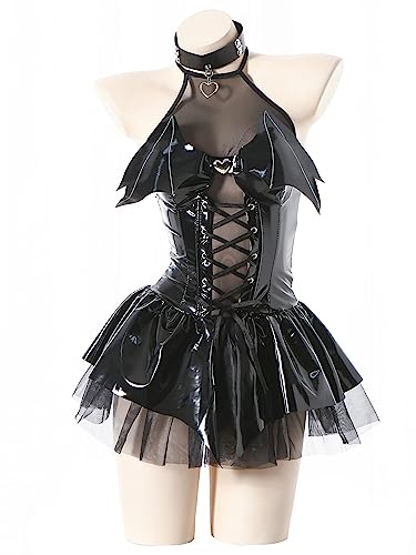 mzenuop Cosplay Lingerie For Women Cute Anime Lingerie Strap-On Bat Imp See-Through Skirt Set (Black, L) - Black - Large
