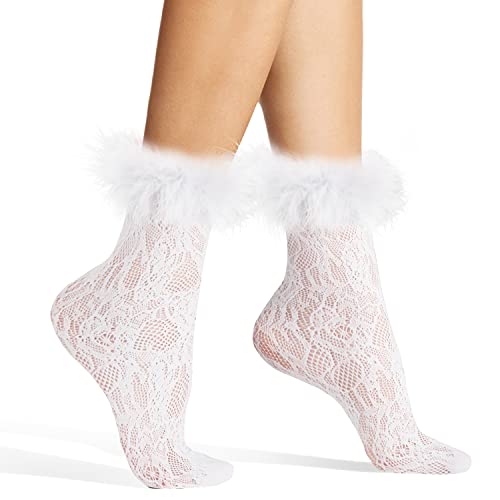 Suluia Women Ruffle Lace Socks Girls Kawaii Feather Cuffs Top Fishnet Ankle High Socks Tulle Frilly Long Socks with Ruffles - One Size - White Feather Fishnet