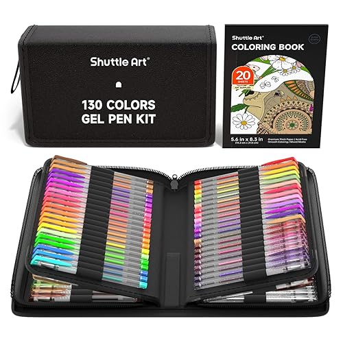 Shuttle Art Gel Pens, 130 Colors Gel Pen with 1 Coloring Book in Travel Case for Adults Coloring Books Drawing Crafts Scrapbooking Journaling - 130 Colors - Portable Case