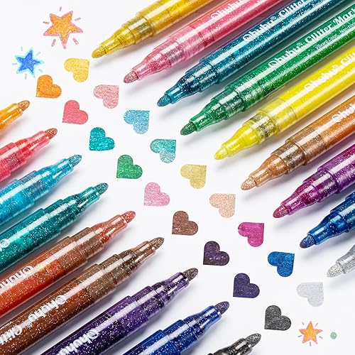 Ohuhu Glitter Markers Pen 18 Glitter Colors Metallic Shimmer Marker Round Point Tip Water-based Ink for Kids Adults DIY Crafts Greeting Birthday Cards Making Poster Album Scrapbooking Mugs Wood