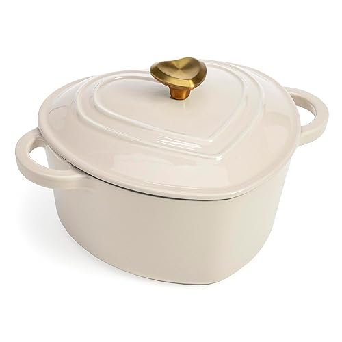 Paris Hilton Enameled Cast Iron Dutch Oven Heart-Shaped Pot with Lid, Dual Handles, Works on All Stovetops, Oven Safe to 500°F, 4-Quart, Cream - Cream - 4-Quart