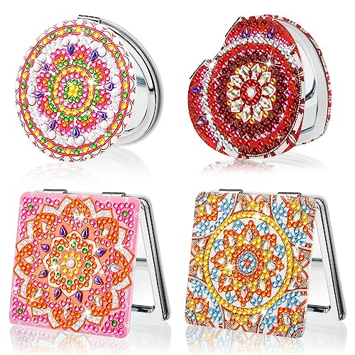 Marsui 4 Pcs Diamond Painting Compact Mirror DIY Pocket Mirror with Diamond Art Cover Portable Magnifying Folding Purse Mirror Diamond Art Kits for Women Girls Kids(Bright Mandala) - Bright Mandala
