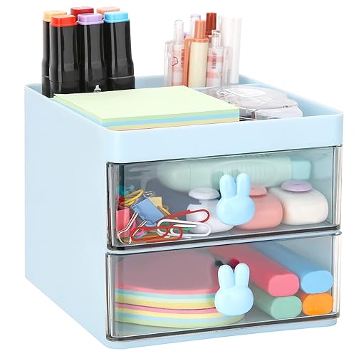 LETURE Small Desk Organizer With Drawer, Office Desktop Storage Box, Business Card/Pen/Pencil/Mobile Phone/Stationery Holder Storage Box, Makeup Organizer for Office School Home (Blue) - Blue