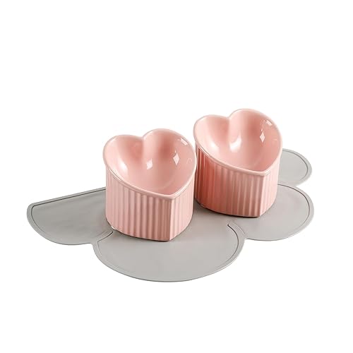 Elevated Cat Food Bowl Set - Double Tilted Cat Bowls with Non Slip Mat - Raised Ceramic Cat Bowl Set - Cute Wide Cat Feeding Bowls Whisker Friendly - Tall Cat Dishes Anti Vomiting - Pink & Pink - Pink & Pink