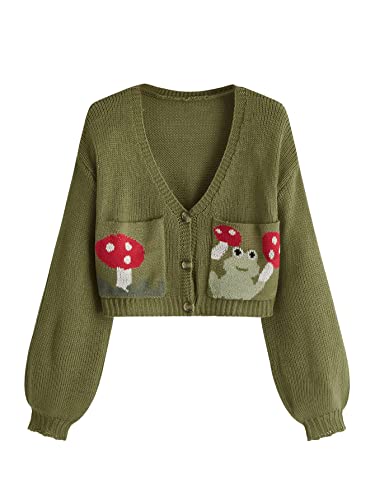 SweatyRocks Women's Color Block Long Sleeve Open Front Cardigan Sweater Knit Crop Top - X-Large - Army Green
