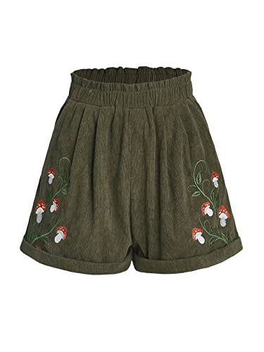 Cozyease Women's Plants Embroidery Corduroy Shorts Paperbag Waist Elastic Waist Straight Leg Casual Shorts - Large - Army Green