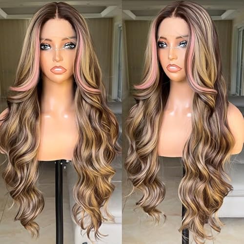 FABÉLLE Pink Highlight Wig Lace Front Wigs 30 Inch Glueless Wig Body Wave for Women Pre Plucked with Baby Hair Highlight Color Forehead Brown Highlight Synthetic Wig - 30 Inch - Pink Highlight