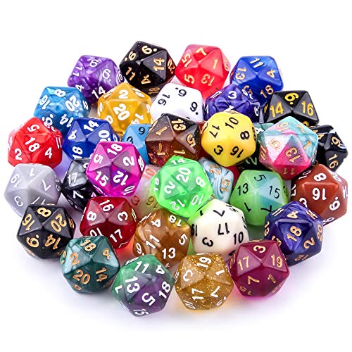 AUSTOR 35 Pieces Polyhedral Dice 20 Sided Game Dice Set Mixed Color 20 Sides Dice Assortment with a Black Velvet Storage Bag for DND RPG MTG Table Games - 20 Sideds