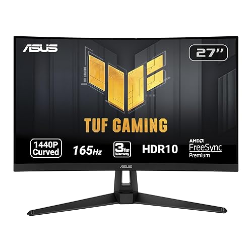 ASUS TUF Gaming VG27WQ1B 27” Curved Monitor, 1440P WQHD (2560 x 1440), 165Hz (Supports 144Hz), 1ms, Adaptive-sync/FreeSync Premium, Extreme Low Motion Blur, Eye Care, HDMI DisplayPort, HDR10 - 27" Curved QHD 165Hz FreeSync Premium