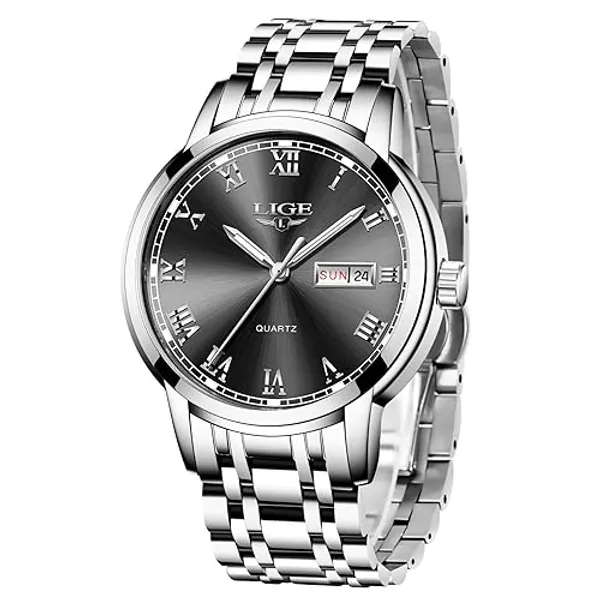 LIGE Mens Watches Waterproof Chronograph Stainless Steel Analog Quartz Watch Men Fashion Business Dress Wrist Watch - Sliver Black
