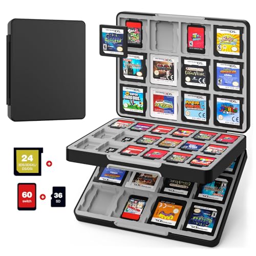 MoKo 60 Étui pour Cartes de Jeu pour Nintendo Switch/3DS/3DSX/2DS/DSi, Boîte de Rangement Jeux Switch, Rangement Jeux Switch avec 24 Fentes Cartes 3DS & 36 Fentes Cartes SD - Noir+gris