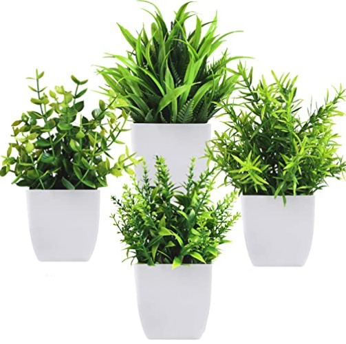 Bafenli 4 Pièces Mini Plantes Artificielles Verdure Plastique Faux Plantes avec Pot pour Maison Salle de Bain Bureau Table Décoration - 4 Pièces-blanc Pot