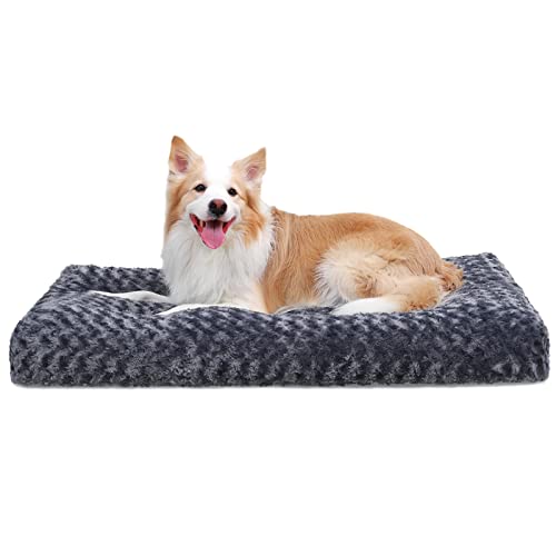 Washable Dog Bed Deluxe Plush Dog Crate Beds Fulffy Comfy Kennel Pad Anti-Slip Pet Sleeping Mat for Large, Jumbo, Medium, Small Dogs Breeds, 35" x 23", Dark Grey - 35.0"L x 23.0"W x 3.5"Th - Dark Grey