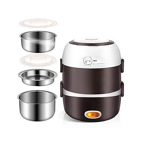 Electric Lunch Box,3 Layers 2L Portable Electric Heating Bento Lunch Box Food Storage Warmer Container Rice Cooker,110V 200W,Stainless Steel+PP - Brown