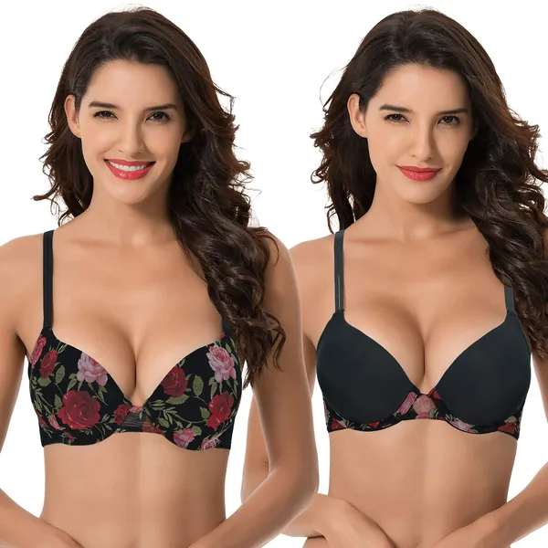 Curve Muse Women's Plus Size Perfect Shape Add 1 Cup Push Up Underwire Bras - 48B Black Print, Black(2 Pack)