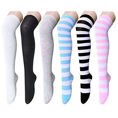 sockfun Striped Thigh High Socks Knee High Socks for Women Girls, Long Socks Over the Knee Socks - Medium - 3 Pairs Solid 3 Pairs Striped