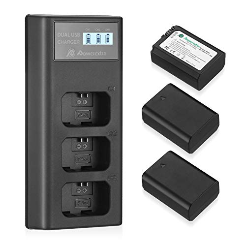 Powerextra NP-FW50 Battery 1500mAh 3 Pack and Dual USB Charger,Compatible with Sony Alpha A6000,A6500,A6300,A7s,A7,A7II,A7SII,A5100,A5000,A7R,NEX 3/5/7 Series Cameras - Large