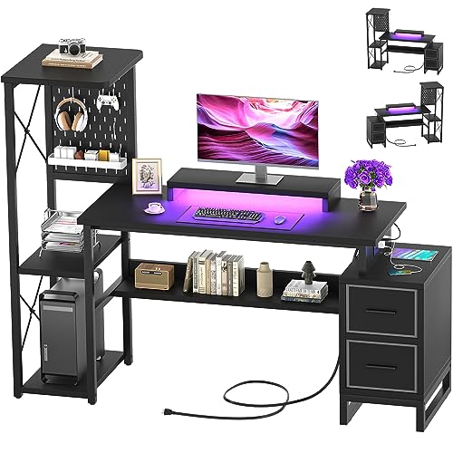 Computer Desk with 2 Fabric Drawers - Reversible Home Office Desk with Power Outlet & LED Lights, 53" Writing Desk with Monitor Stand & Storage Shelves, Gaming Desk Study Table with Pegboard, Black - Black