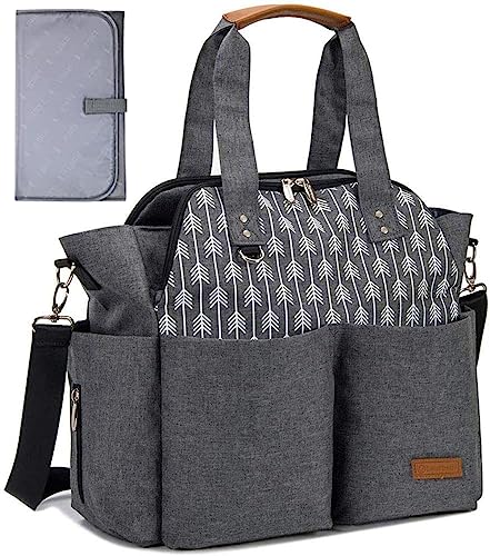 Lekebaby Large Diaper Tote Bag for Mom Baby Diaper Satchel Bag with Insulated Pockets & Changing Pad & Stroller Straps - Grey