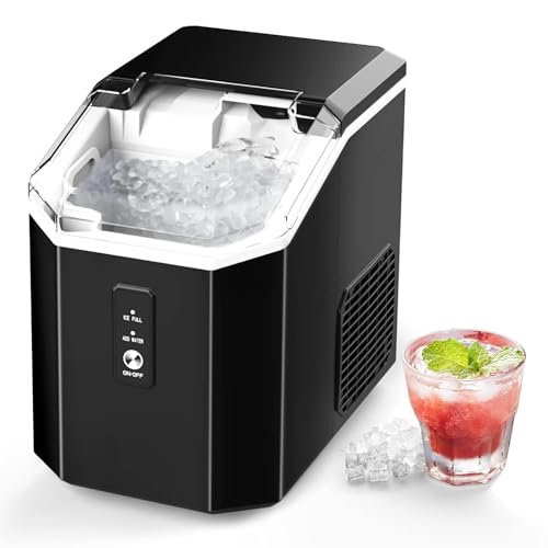 Nugget Ice Maker,Ice Maker Countertop,Self Cleaning Ice Machine 9 Chewable Pebble Cubes 6 Minutes Portable Machine Glace Black with Ice Bag, Ice Spoon, Ice Basket - Nugget ice-34lbs - Black