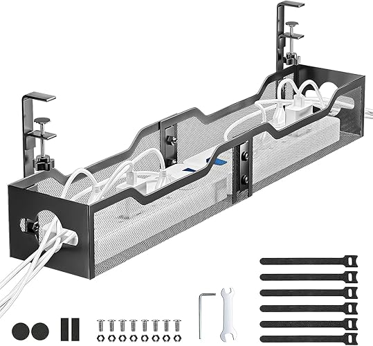 Under Desk Cable Management Tray, Litwaro Cable Management Under Desk No Drill, 25'' Metal Cable Tray with Clamp for Desk Wire Management, Desk Cord Organizer - No Damage to Desk - 25" - Black