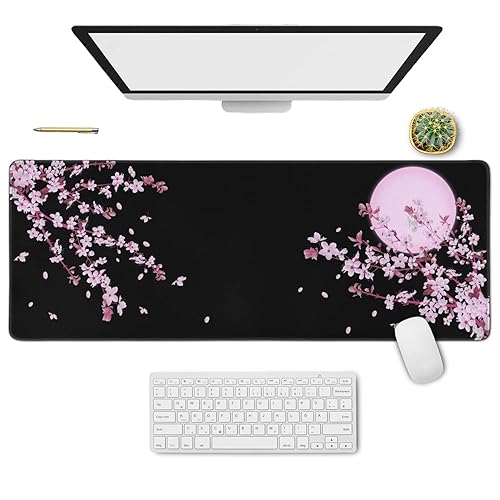 Cherry Blossom Floral Mouse Pad Black XL, Extended Large Mouse Pad, Kawaii Pink Black Mousepad, Moon Floral Long Big Desk Mouse Mat, Cherry Blossom Decor Stuff Accessories, 31.5 X 11.8 Inch - Cherry Blossom