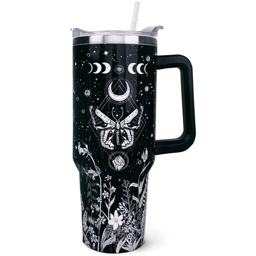 ZNYYZYBA 40 oz Tumbler with Handle and Straw, 40oz Goth Tumbler with Handle Insulated Leak Proof Travel Coffee Mug, Reusable Stainless Steel Tumblers - Gothic Butterfly