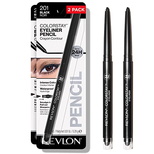 Revlon Pencil Eyeliner, ColorStay Eye Makeup with Built-in Sharpener, Waterproof, Smudge-proof, Longwearing with Ultra-Fine Tip, 201 Black, 2 Pack - Black (2 Pack) - 0.01 Ounce (Pack of 2)