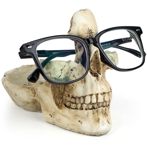 Mrlikale Skull Glasses Stand Holder, Creative Eyeglasses Holder, Sunglasses Spectacle Display Rack, Key Holder Resin Sculptures for Entryway, Home, Office, Desk, Nightstand (White) - White