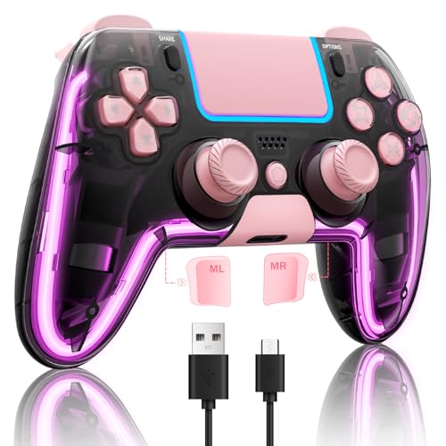 BRHE Wireless Controller forPS4 with Hall 3D Joysticks/RGB LED Lights/Programming Funtion,Pink PS4Controller Remote Joystick Gamepad,Game Controller for PS4/Slim/Pro - Pink