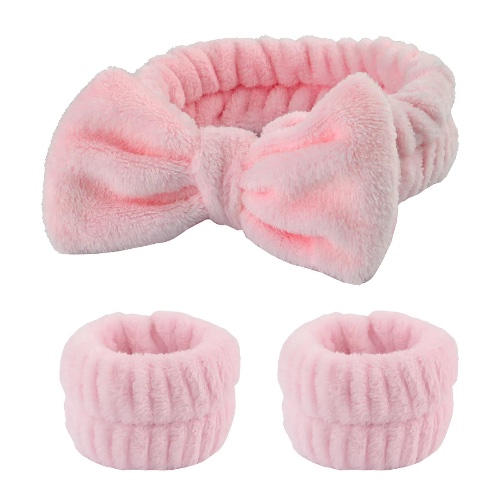 Cozy Fluffy Wash Face Absorbent Headbands Cuff Set - Pink 3Pcs