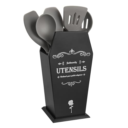Gothvanity Coffin Utensil Holder, Gothic Kitchen Organizer, Large Wood Stable Utensil Caddy, Mutifunctional Kitchen Decor-Black-12.5X8X5 inches