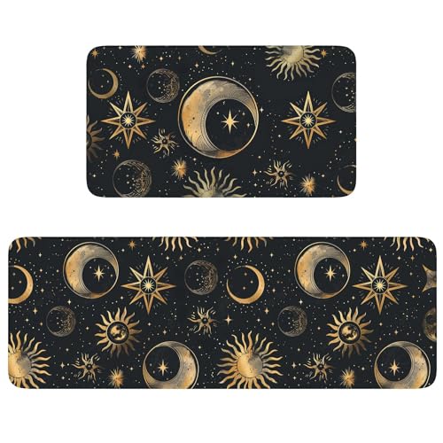 Gothic Kitchen Rugs and Mats Set of 2, Gold Moon Phase Witch Kitchen Rug for in Front of Sink Washable Non-Slip, Goth Halloween Kitchen Decor, Goth Mat with Rubber Backing - 17x30 and 17x47 Inch - Moon-04 - 17"x47" and 17"x30"